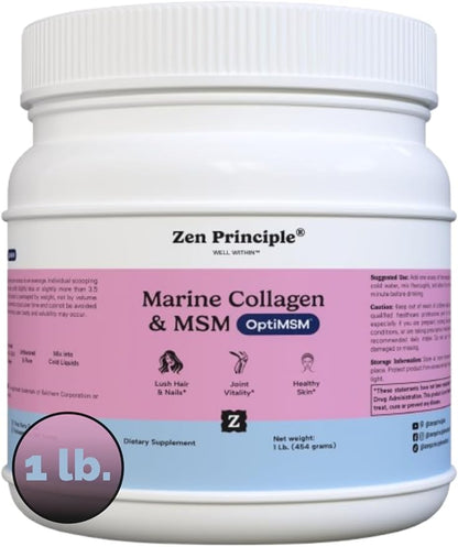 Zen Principle Marine Collagen Peptides Powder with OptiMSM® Supplement. Clinically Tested for Skin Support. Wild-Caught Fish, Non-GMO. Container 16 oz
