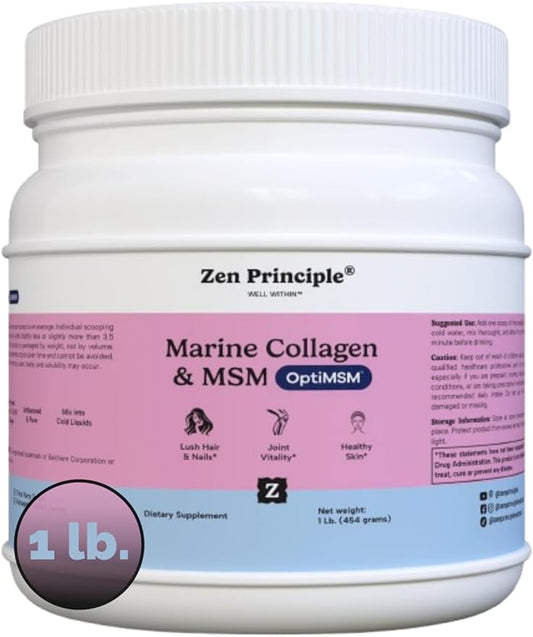 Zen Principle Marine Collagen Peptides Powder with OptiMSM® Supplement. Clinically Tested for Skin Support. Wild-Caught Fish, Non-GMO. Container 16 oz