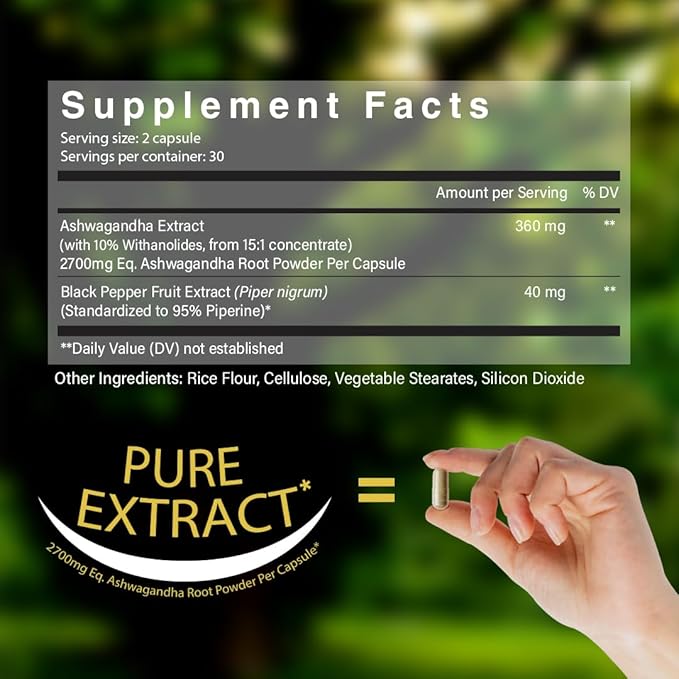 Organic Ashwagandha Capsules w/Black Pepper Extract as Vegan Ashwagandha Supplements for Anti Stress Relief, Natural Mood Support, Energy & Focus-60 Capsules