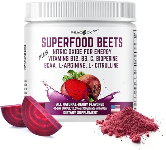 Superfood Beets 10.59oz 40 Servings - Nitric Oxide Booster for Heart Health Support & Energy, Organic Beet Root Powder, Non-GMO Beets Supplements, Berry Flavor Green Tea