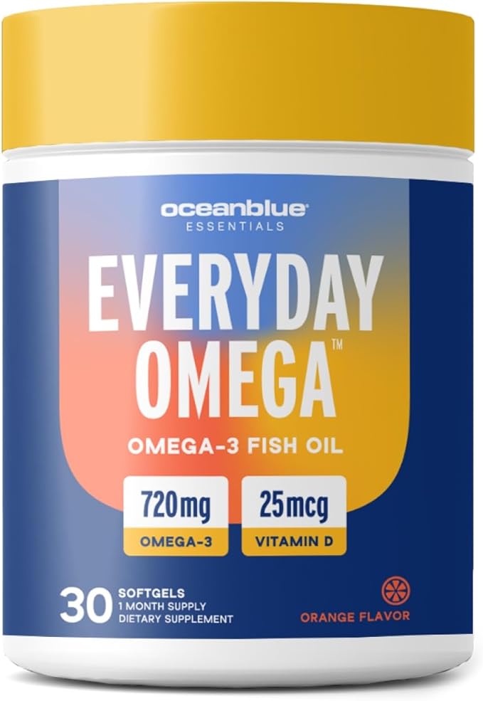 Oceanblue Essentials Everyday Omega 3 – 30 Softgels, 1 Month Supply – 720 mg of Burpless Fish Oil with 25mcg (1000IU) of Vitamin D3 – Heart and Immune Support – Molecularly Distilled – Orange Flavor