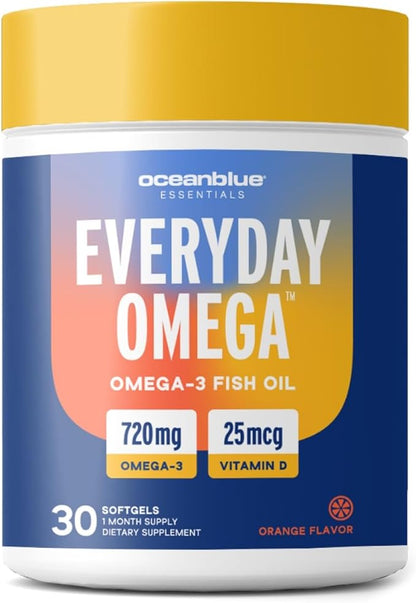 Oceanblue Essentials Everyday Omega 3 – 30 Softgels, 1 Month Supply – 720 mg of Burpless Fish Oil with 25mcg (1000IU) of Vitamin D3 – Heart and Immune Support – Molecularly Distilled – Orange Flavor