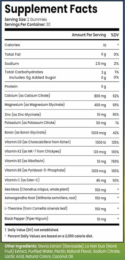 Sugar Free Calcium Gummies for Kids & Adults Citrate Magnesium Glycinate Potassium Vitamin D3 K2 B2 B6 C Irish Sea Moss Ashwaghanda L-Theanine Boron Zinc Gummies for Muscles, Cellular Energy