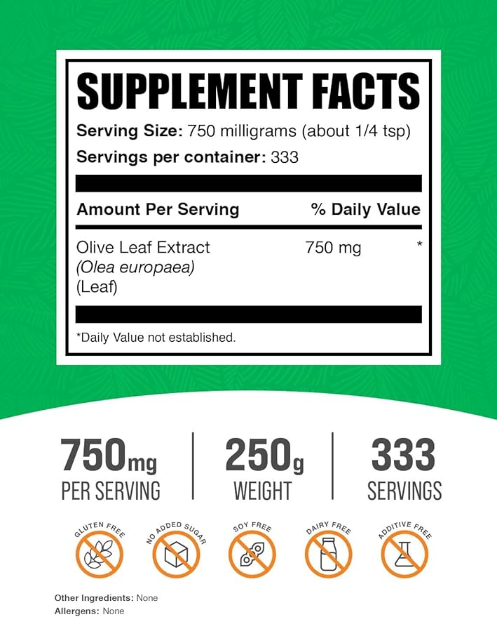 BulkSupplements.com Olive Leaf Extract Powder - Herbal Supplement, Antioxidant Source, Olive Leaf Powder - Gluten Free, 750mg per Serving, 250g (8.8 oz) (Pack of 1)