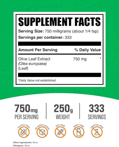 BulkSupplements.com Olive Leaf Extract Powder - Herbal Supplement, Antioxidant Source, Olive Leaf Powder - Gluten Free, 750mg per Serving, 250g (8.8 oz) (Pack of 1)