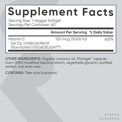 Sports Research Vegan Vitamin D3 5000IU (125 mcg) with Coconut Oil | 100% Plant-Based Vitamin D for Bone, Joint & Immune Support | Carrageenan Free, Vegan Certified & Non-GMO Verified (60 Softgels)