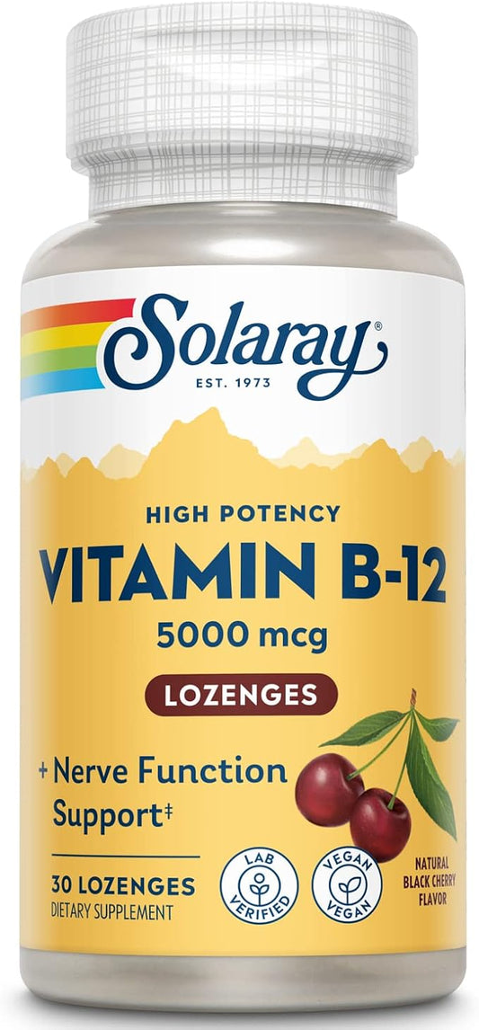SOLARAY Vitamin B-12 5000mcg Lozenges | Natural Cherry Flavor | Healthy Energy & Nerve Function Support | 30ct