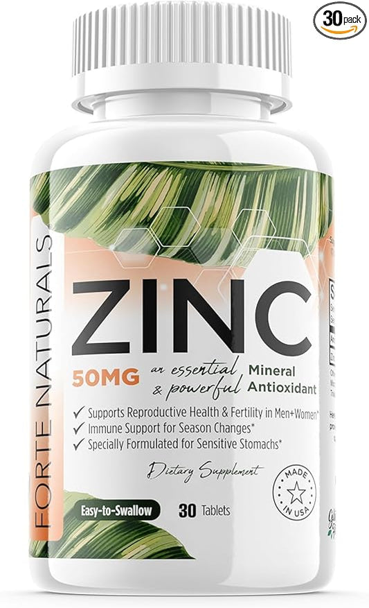 Zinc 50mg, (30 Tablets), Specially Formulated for Sensitive Stomach, Immune Support, Skin & Hair, Vegan Zinc Supplement, Non-GMO Made in USA