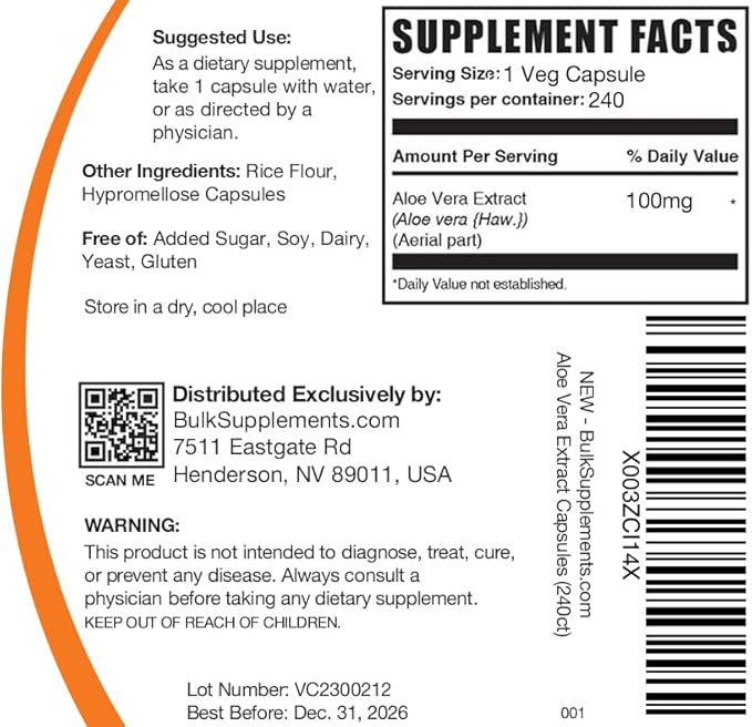 BulkSupplements.com Aloe Vera Capsules - Aloe Vera Extract, Aloe Vera Supplement - Herbal Supplement, Gluten Free, 1 Capsule per Serving, 240 Veg Capsules (Pack of 1)