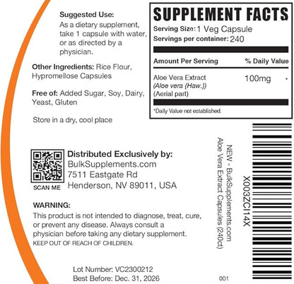 BulkSupplements.com Aloe Vera Capsules - Aloe Vera Extract, Aloe Vera Supplement - Herbal Supplement, Gluten Free, 1 Capsule per Serving, 240 Veg Capsules (Pack of 1)