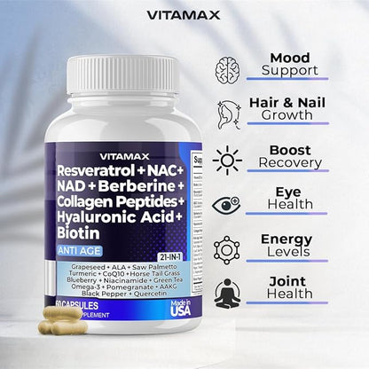 Resveratrol NAD+ Berberine Hyaluronic Acid - Biotin Grape & Blueberry + NAC - Collagen Peptides - Hair, Nail, Skin & Joint Supplement - 21-in-1 Women and Men - Made in USA - 120 Count