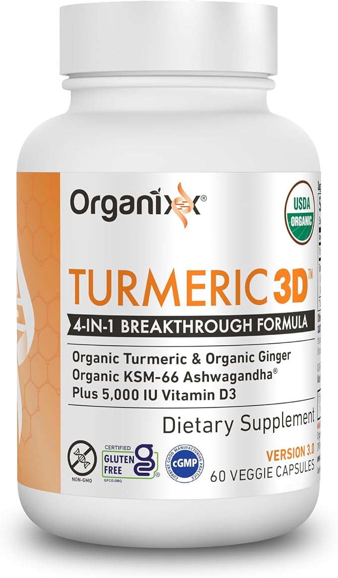 Organixx USDA Organic Turmeric Curcumin Supplement with Ashwagandha, Vitamin D, Turmeric & Ginger – Immune & Joint Support, Fermented for Maximum Bioavailability, 60 Vegetarian Capsules