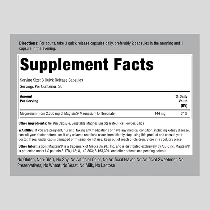 Piping Rock Magnesium L-Threonate | 2000mg | 90 Capsules | with Magtein | Non-GMO, Gluten Free Supplement