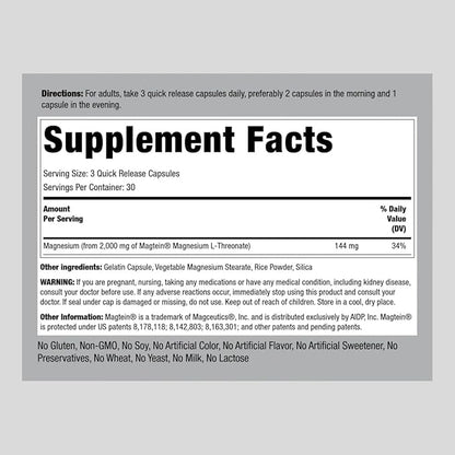 Piping Rock Magnesium L-Threonate | 2000mg | 90 Capsules | with Magtein | Non-GMO, Gluten Free Supplement