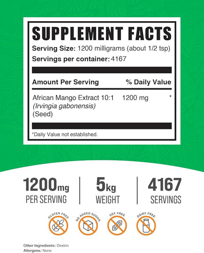 BulkSupplements.com African Mango Extract Powder - Irvingia Gabonensis, African Mango Supplements, African Mango Powder - Gluten Free, 1200mg per Serving, 5kg (11 lbs) (Pack of 5)