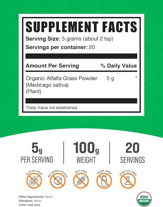 BulkSupplements.com Organic Alfalfa Grass Powder - Alfalfa Supplement, Green Superfood Powder, Alfalfa Powder Organic - Vegan & Gluten Free, 5g per Serving, 100g (3.5 oz) (Pack of 1)