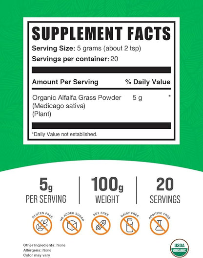 BulkSupplements.com Organic Alfalfa Grass Powder - Alfalfa Supplement, Green Superfood Powder, Alfalfa Powder Organic - Vegan & Gluten Free, 5g per Serving, 100g (3.5 oz) (Pack of 1)