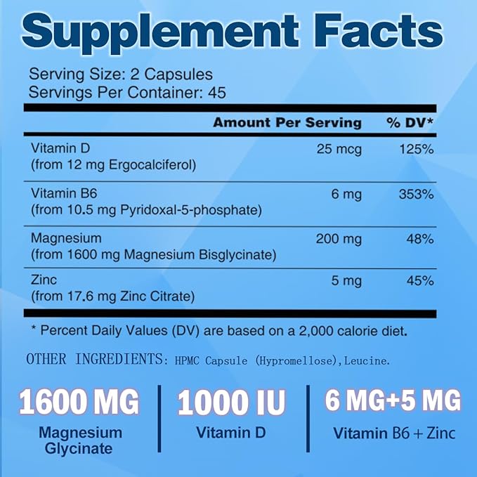 Magnesium Glycinate 1600mg Supplements - with Vitamin B6 & Zinc, Vitamin D3, Chelated Magnesium for Sleep, Muscle, Bone and Immune Health, High Absorption Magnesio, Non-GMO, Vegan 90 Capsules