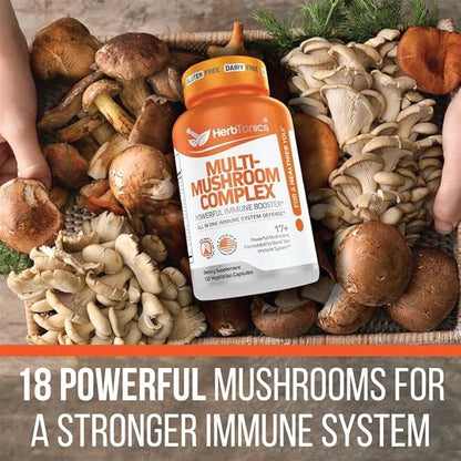 Herbtonics All-in-One Mushroom Supplement for Immune System Support | Nootropic Brain Support Supplement with Lion's Mane, Cordyceps, Reishi | Powerful Mushroom Complex | 120 Vegan Capsules