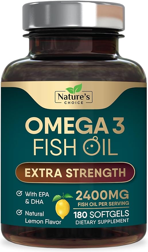 Triple Strength Omega 3 Fish Oil Supplement, EPA & DHA Fish Oil Omega 3 Essential Fatty Acids Supplement Softgels, 2400 mg Brain & Heart Health Support Supplements, Gluten Free, Non-GMO, 180 Softgels