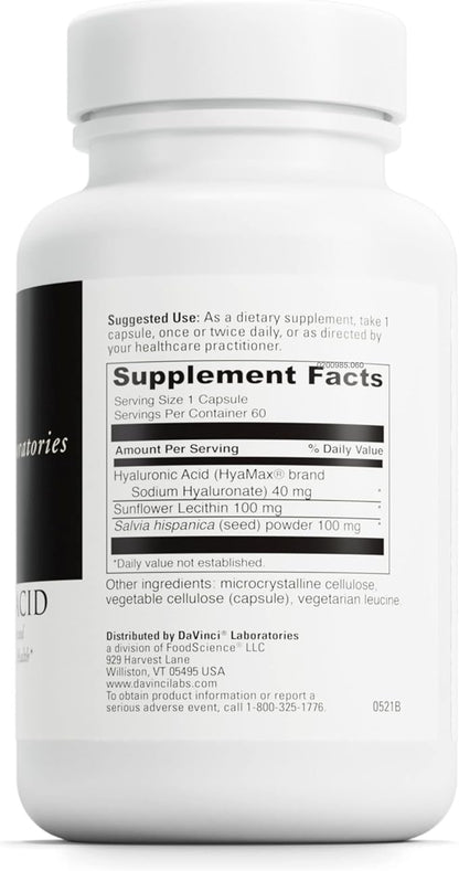 DaVinci Labs Hyaluronic Acid - Dietary Supplement to Support Joint, Cartilage and Skin Health* - With Hyaluronic Acid, Sunflower Lecithin and Salvia Hispanica Powder - Gluten-Free - 60 Vegetarian Caps