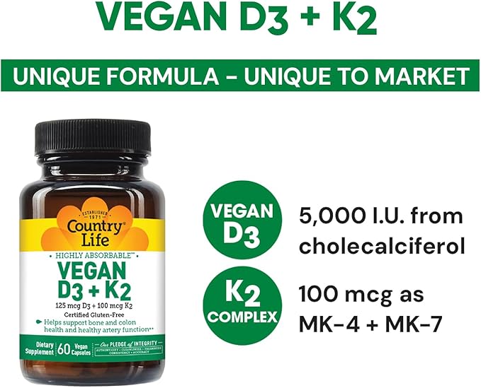 Country Life Vegan D3 + K2 – 5000 IU Vitamin D3 & 100 mcg MK-4 & MK-7 | Supports Bone, Immune, Colon & Artery Health | Certified Vegan, Gluten-Free, B-Corp, 60 Capsules