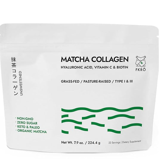 FKRO Matcha Collagen Powder w Biotin, Hyaluronic Acid & Vitamin C - Healthy Hair, Skin & Nails - Natural Type I & III Hydrolyzed Collagen Powder, Unsweetened Matcha Latte - 22 Servings, 7.9oz