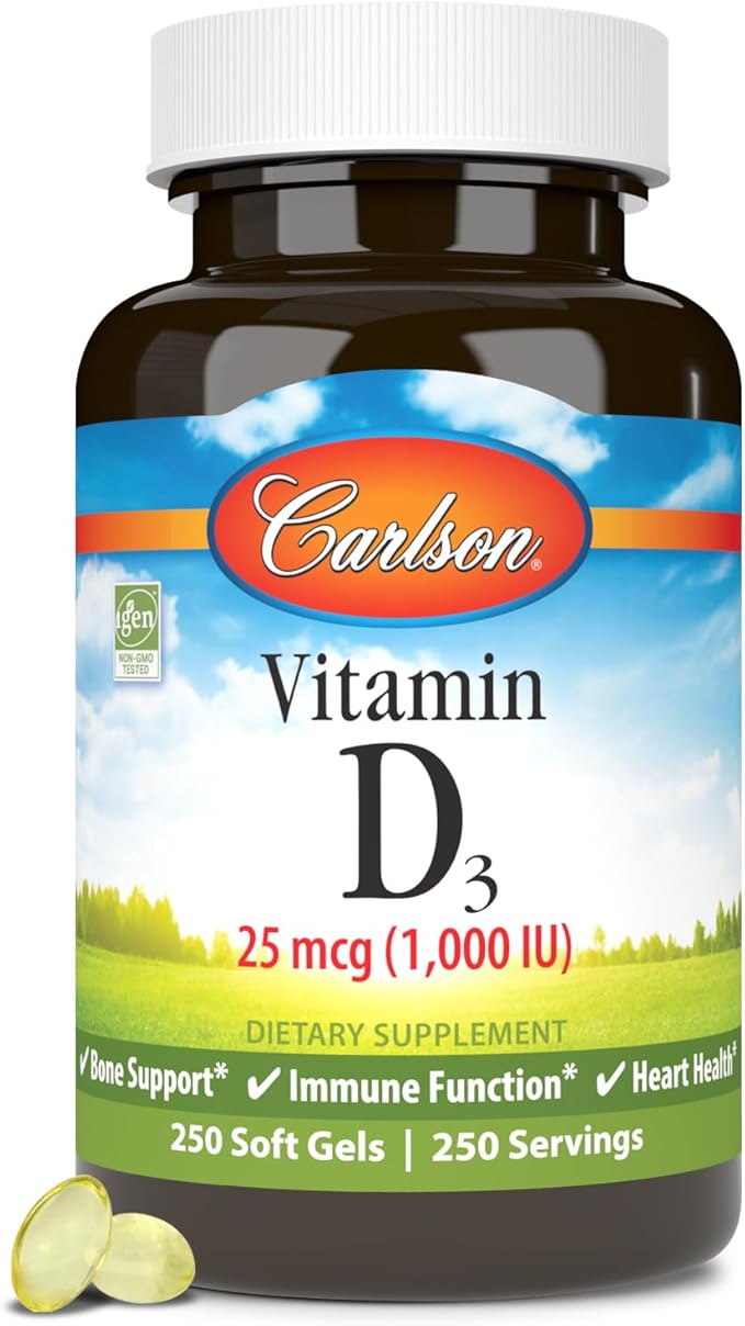 Carlson - Vitamin D3, 1000 IU (25 mcg), Bone Health, Muscle Health, Cholecalciferol, Vitamin D Supplements, Vitamin D3 Soft Gels, 250 Softgels
