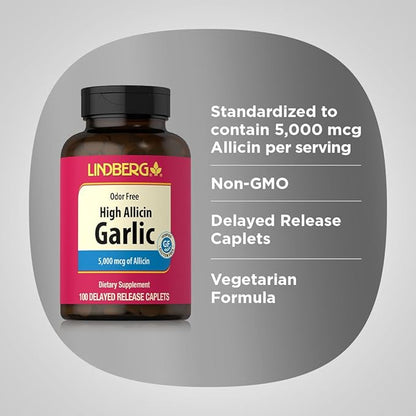 Lindberg Garlic Supplement 5000mg | 100 Caplets | High Allicin Odorless Garlic | Non-GMO, Gluten Free