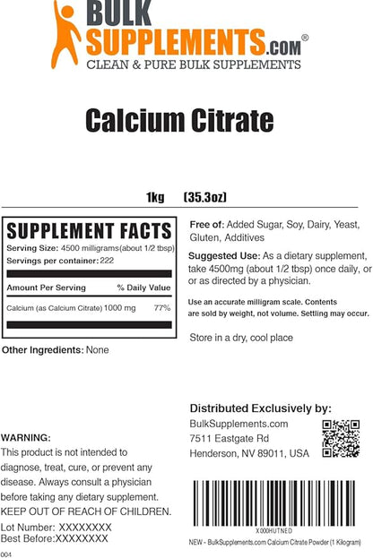 BulkSupplements.com Calcium Citrate Powder - Calcium Supplement, High Bioavailable - Unflavored & Gluten Free, 4.5g per Serving, 1kg (2.2 lbs) (Pack of 1)