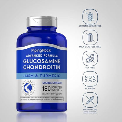 Piping Rock Glucosamine Chondroitin MSM Plus Turmeric | 180 Caplets | Double Strength Formula | Advanced Complex Supplement | Non-GMO, Gluten Free