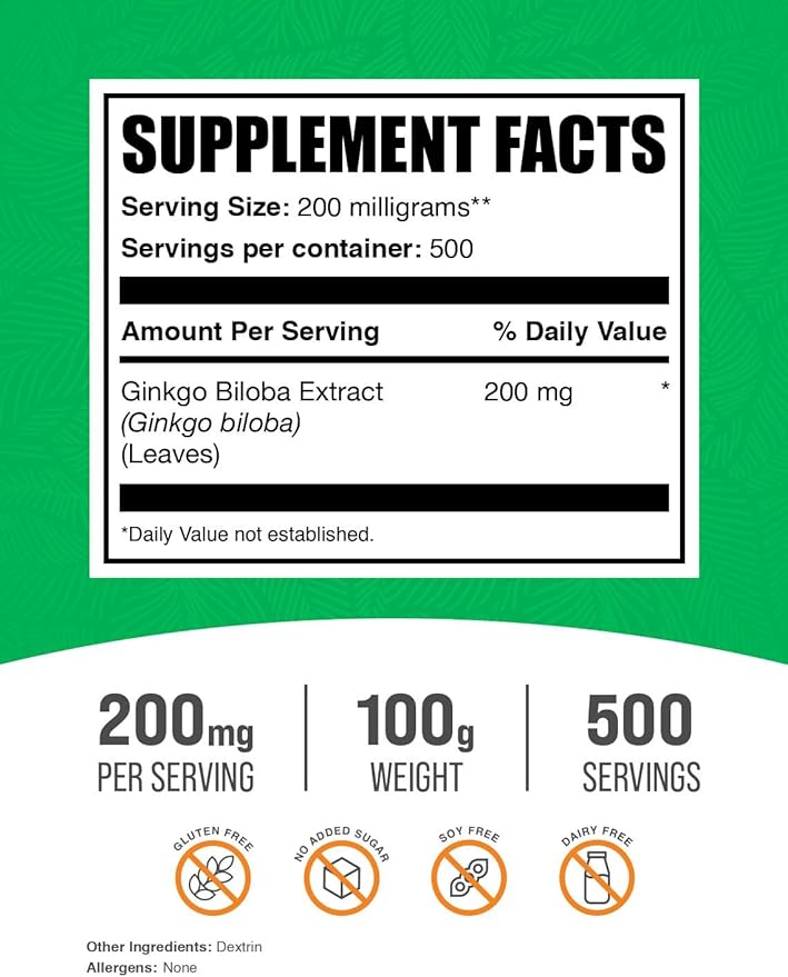 BulkSupplements.com Ginkgo Biloba Extract Powder - Ginkgo Biloba Supplements, Ginkgo Biloba Powder, from Ginkgo Biloba Leaf - Gluten Free, 200mg per Serving, 100g (3.5 oz) (Pack of 1)