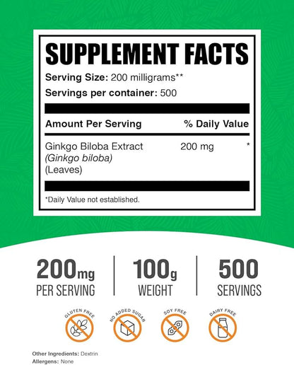 BulkSupplements.com Ginkgo Biloba Extract Powder - Ginkgo Biloba Supplements, Ginkgo Biloba Powder, from Ginkgo Biloba Leaf - Gluten Free, 200mg per Serving, 100g (3.5 oz) (Pack of 1)