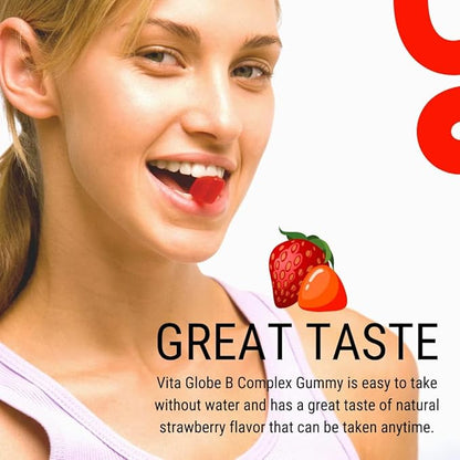 VitaGlobe B Complex Gummy - Strawberry Flavor with Vitamin C, Niacin, B6, B12 & Biotin for Energy, Heart Health and Brain Support, 60 Count (Pack of 1)