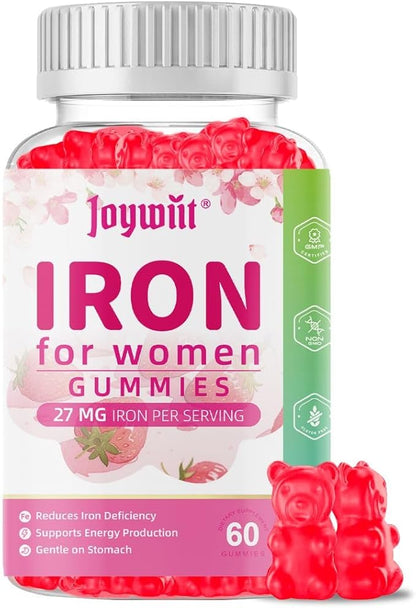 Iron Gummies for Women - Strawberry Flavored Blood Builder Iron Supplement with Vitamin C,E, B & Folic Acid - Health Blood & Energy Support for Iron Deficiency - Gentle Support, Daily Wellness|60 ct
