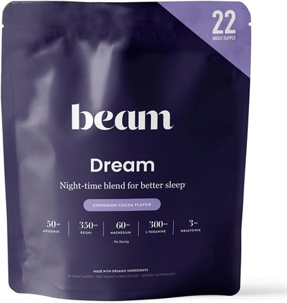 Beam Dream Sleep Powder, Natural Sleep Aid and Magnesium Hot Cocoa Drink for Adults, Calming Sleep Supplement with Apigenin, Nighttime Sleep Drink Powder, Third Party Tested Supplement, 22 Servings