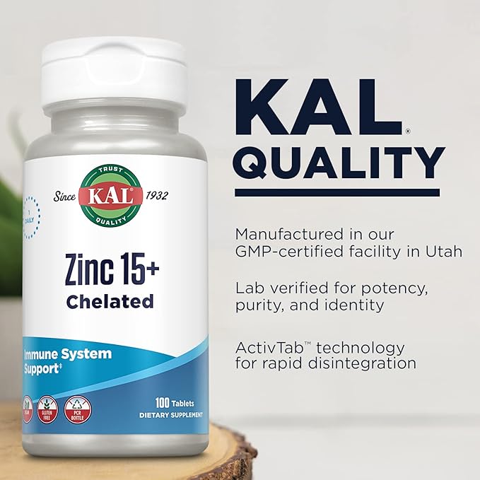 KAL Zinc 15+ with Betaine HCl & Trace Minerals, Healthy Metabolism & Immune System Function Support, Chelated for Absorption, Vegetarian, 100 Tablets