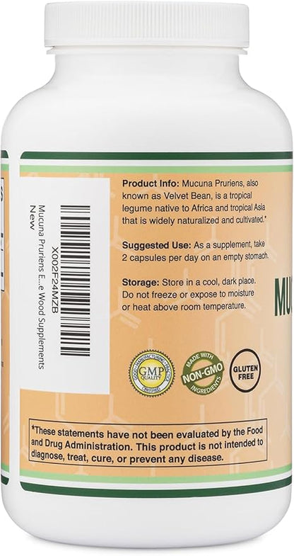 Mucuna Pruriens Extract Capsules - Dopamine Boosting Supplement - 210 Count, 1,000mg Per Serving, 20% (from Velvet Bean) (for Mood and Motivation Support) Third Party Tested by Double Wood