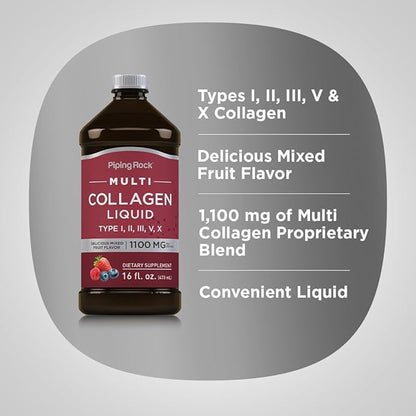 Piping Rock Liquid Collagen 16 fl oz | 1100mg | Fruit Flavor | Multi Collagen Peptides | with Vitamin C | Non-GMO, Gluten Free Supplement