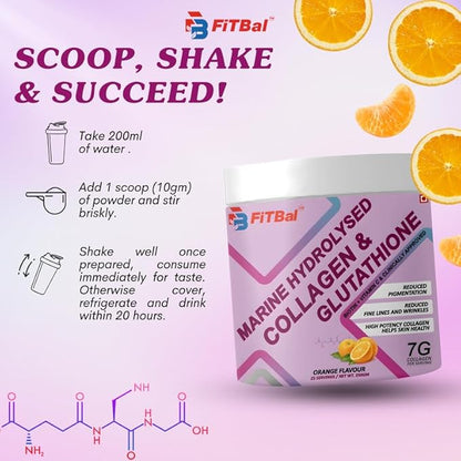 Marine Hydrolysed Collagen & Glutathione Powder – 7g Collagen per Serving with Biotin, Vitamin C & E for Improve Skin Health