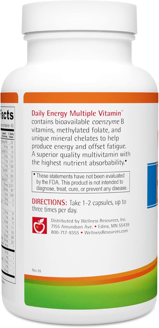 Wellness Resources Daily Energy Multiple Vitamin - 100% coenzyme B Vitamins Including Methylfolate and Methylated B12 with Other Important Cofactors for Energy, Stress, and Mood (90 Capsules)