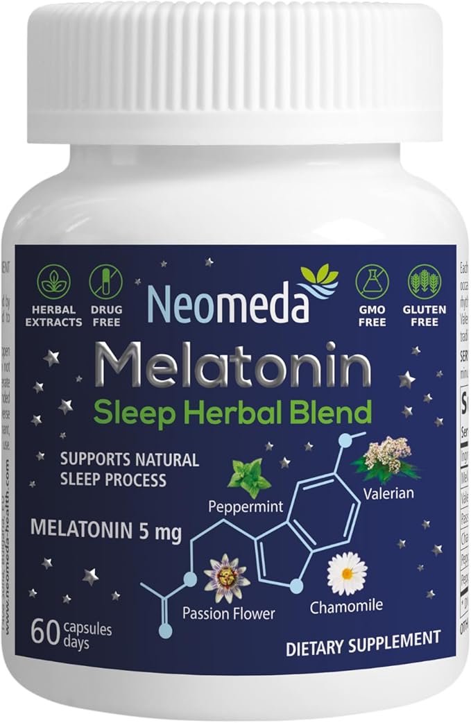 Melatonin Sleep Herbal Blend - Natural Support for Restful Nights with 5mg Melatonin & Calming Herbs - Drug-Free Dietary Supplement, 60 Capsules, 60-Day Supply