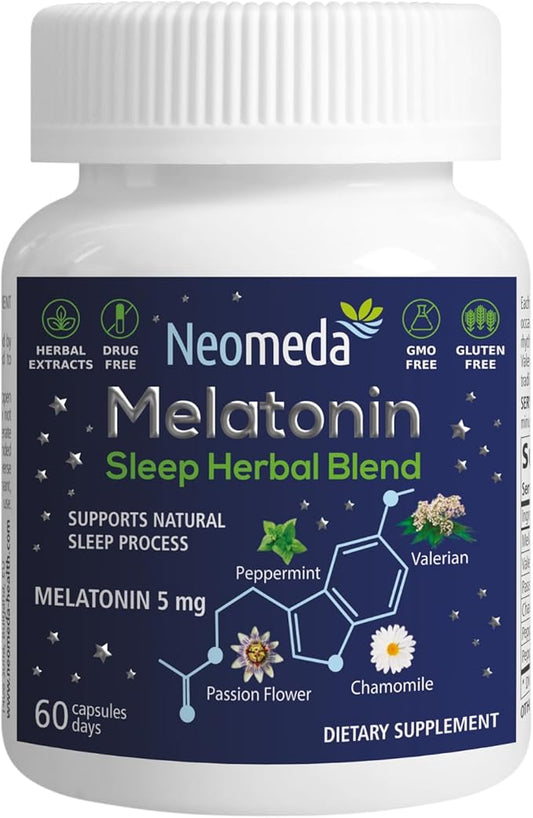 Melatonin Sleep Herbal Blend - Natural Support for Restful Nights with 5mg Melatonin & Calming Herbs - Drug-Free Dietary Supplement, 60 Capsules, 60-Day Supply