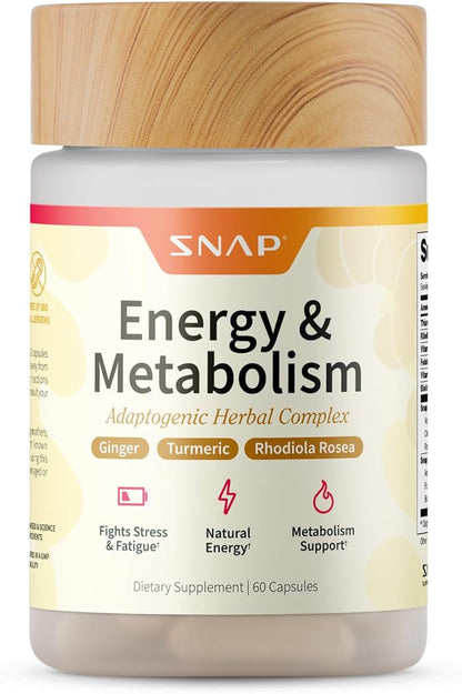 Metabolism and Natural Energy Supplements for Fatigue, Stress Relief, Energy Booster & Better Mood, Energy Pills for Women & Men, Ginger, Turmeric, Rhodiola Rosea, 60 Capsules