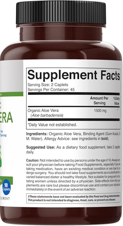 Brieofood Organic Aloe Vera 1500mg, 45 Servings, Vegetarian, Gluten Free, 90 Vegetarian Tablets