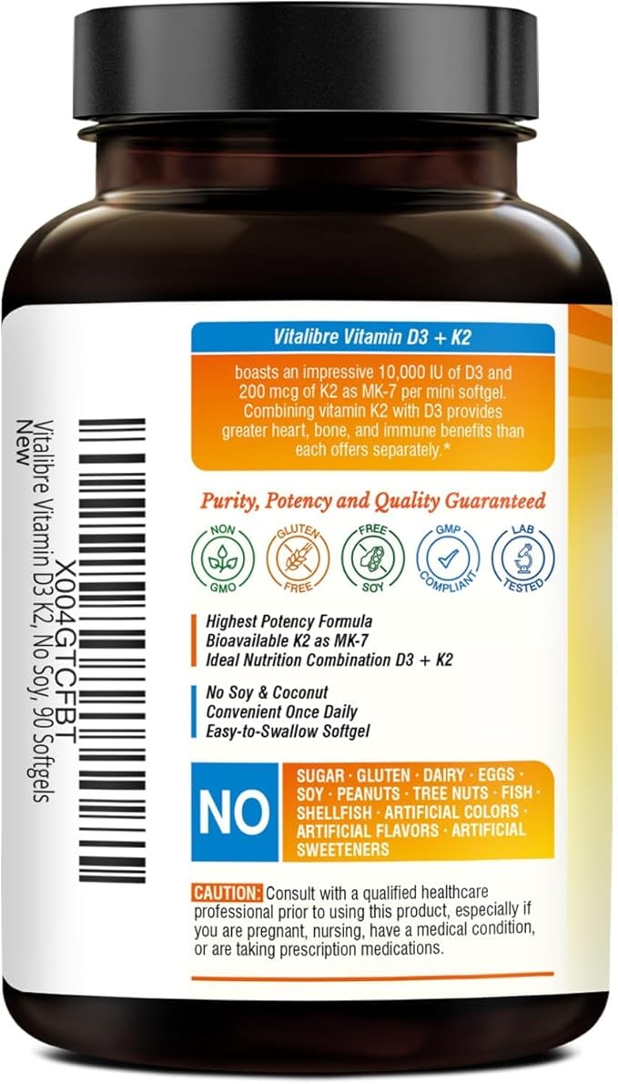 Vitamin D3 K2 Supplement, 10000 IU D3 / 200 mcg K2 MK7, Calcium Absorption, Bone, Heart, Immune & Muscle Support, Enhanced Absorption, No Soy, Easy to Swallow, 90 Softgels