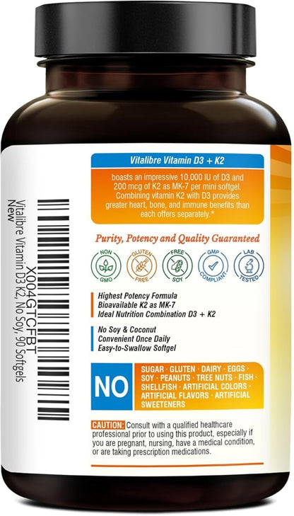 Vitamin D3 K2 Supplement, 10000 IU D3 / 200 mcg K2 MK7, Calcium Absorption, Bone, Heart, Immune & Muscle Support, Enhanced Absorption, No Soy, Easy to Swallow, 90 Softgels
