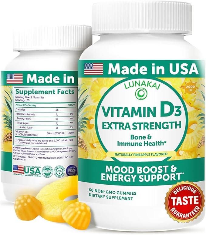 Lunakai USA Made Vitamin D3 Gummies 2000 IU - Non-GMO, Gluten-Free Vitamin D Gummies for Women & Men - Bone, Immune & Energy Support, 60ct