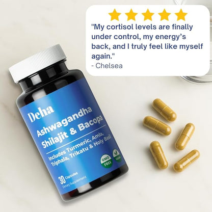 Ashwagandha Shilajit Bacopa Capsules Stress Support, Cognitive Support, Digestive Health with Turmeric, Amla & Triphala – GMP Certified, Non-GMO, Vegan – 30 Count