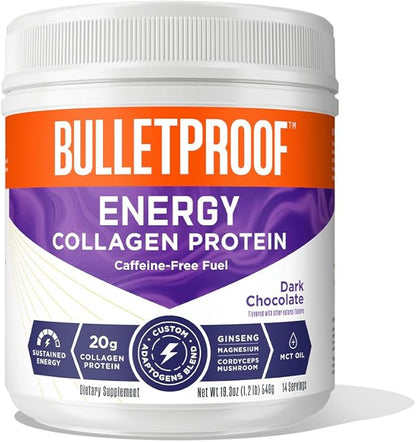 Bulletproof Dark Chocolate Energy Collagen Protein, 19.3 Ounces, Caffeine-Free Fuel with Vitamins and Antioxidants, Blend with Ginseng, Magnesium, Cordyceps Mushroom
